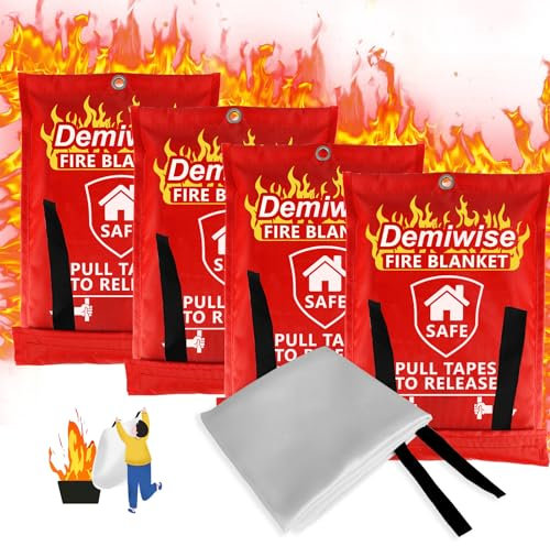 Demiwise Paquete de 4 Mantas ignífugas – Manta Grande de Fibra de Vidrio para extinción de Incendios – Cobija de Emergencia para Personas – Manta de Seguridad contra Incendios con silbatos de