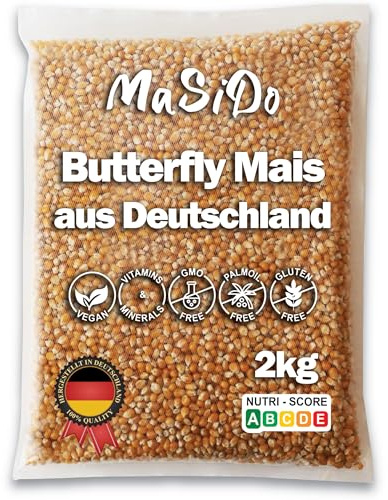 MSD MaSiDo Maïs à Popcorn Premium d'Allemagne, Maïs Butterfly en pack de réserve, sans OGM, vegan, sans gluten, sans lactose (paquet de 2 kg)
