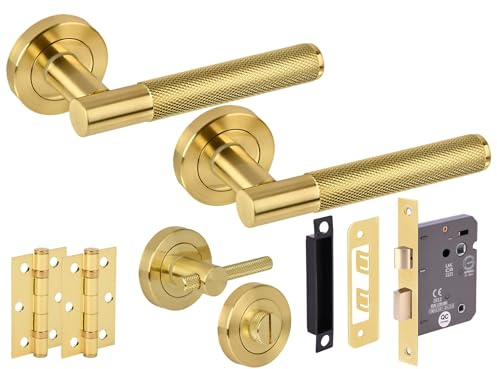 Hunta HANDLEZONE® Evo Knurled Grip Door Handles on Rose Bathroom Lock Pack with Knurled Turn Set, 76mm Lock, 75mm Ball Bearing Hinges - Brushed Brass