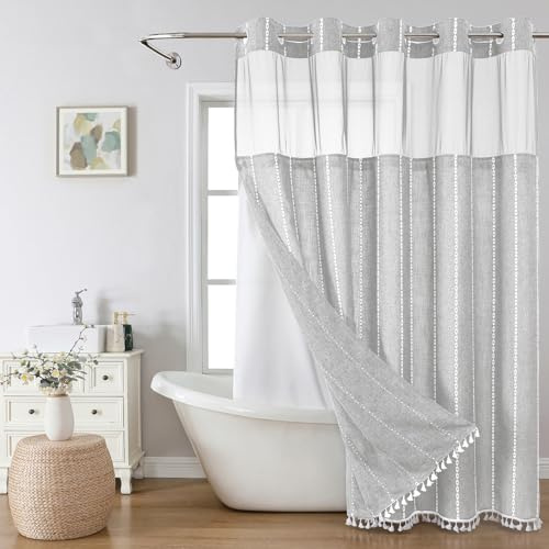 eachope No Hook Long Shower Curtain Set with Snap-in Fabric Liner,Linen Ultra Thick Fabric with Tassels,Boho Chic Modern Farmhouse Country Neutral Cloth Shower Curtains for Bathroom,Grey/Gray,71x80