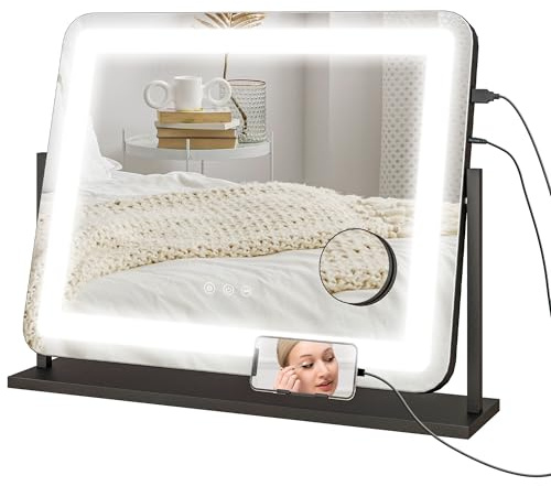 HOMCOM Vanity Mirror with Lights, 63x50 cm Lighted Makeup Mirror with 3 Colour Lighting Modes, 10X Magnifying, USB Charging Port, Phone Holder, 360 Degree Rotation, Touch Screen, for Dressing Table