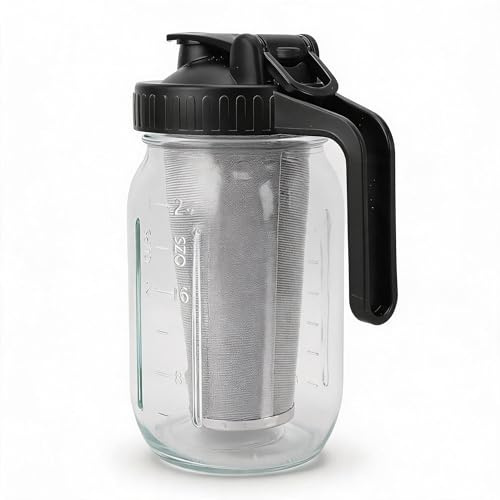 Cold Brew Coffee Maker Pitcher, 34oz | Thick Glass Jar, Stainless Steel Filter, Spout Lid and Handle, Dishwasher Safe