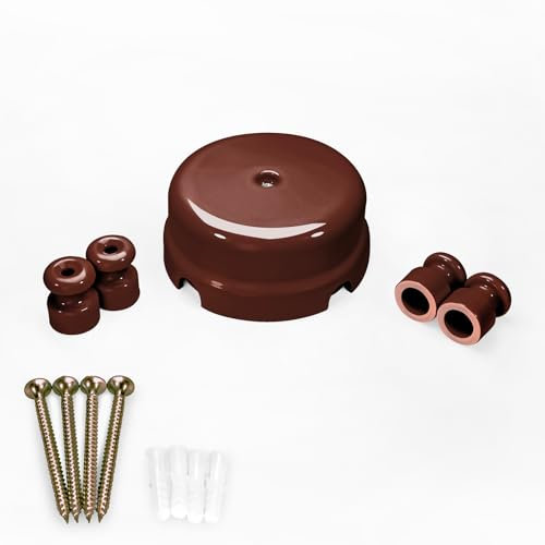 QuirkLz Boîte de dérivation en porcelaine avec câble textile avec 4 isolateurs céramique Marron brillant Ø 78 mm