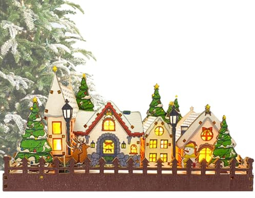 XIAOXIAOYU Villaggio di Natale in legno a LED illuminato, villaggio di Natale in case di Natale a LED | Personaggi, decorazione desktop preilluminata, accessori natalizi per desktop