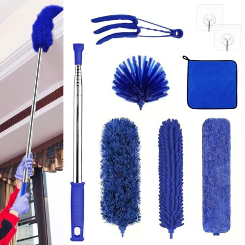 9 Pezzi Spolverino Telescopico, 2,8m Spolverino per Polvere Microfibra Lavabile, Togli Ragnatele Allungabile per Pulizia Ventilatori Soffitto, Tapparelle, Ragnatela, Tetti, Angoli e Mobili