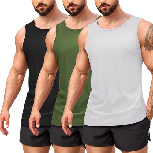 COOFANDY Tank Top Herren 3er Pack Muskelshirts Achselshirts Gym Shirts Achselhemden Ärmelloses Shirt Fitness Tanktop Sommer Laufshirt Mehrfarbig Schwarz/Armeegrün/Hellgrau L
