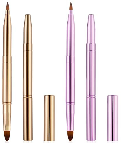 2 Pcs Lip Brush for Lipstick, Double Ended Retractable Lipstick Brush with Cap Reusable Versatile Lip Applicator Wands for Lips Gloss, Eyeshadow Include Lid (Gold and Pink)