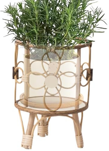 zwxqe Rustic Hollow Rattan Plant Stand with Legs, Decorative Indoor Stool Shelf and Pot Holder, Natural Display Rack for Balcony, Patio, Living Room, Home Garden Spaces