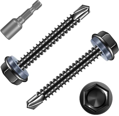FandWay 50 Stück Trapezblechschrauben Selbstbohrende Schrauben M5,5x32mm Selbstschneidende Schrauben Blechschrauben Edelstahl 410 Schwarz Sechskant Bohrschrauben Metalldachschrauben mit 1 Bits.