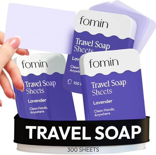 FOMIN - Hojas de jabón de papel para viajar - 300 hojas de jabón de manos portátiles de lavanda para viajes en lata - Mini hoja de jabón de viaje portátil soluble para lavar las manos, acampar y
