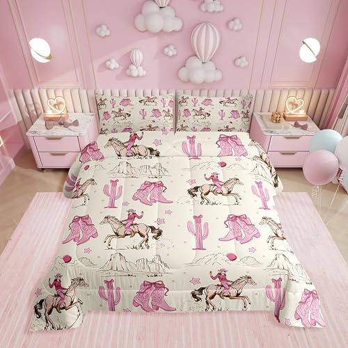 Erosebridal Retro Western Horse Twin Comforter Set for Girls,Pink Cowgirl Boots and Bows Bedding Sets for Kids Teen,Rustic Country Cowboy Cactus Bed Set,Cute Bow Room Decor with 1 Pillowcase