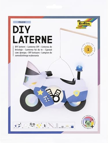 folia 95305 - DIY Laterne POLICE, ca. 18 x 25 x 5 cm - Laternen Bastelset gestaltbar als Polizei Motorrad, inkl. LED Licht, blauem Blinklicht, 4 Batterien und 2 Klebepads