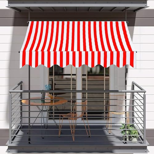 Tenda da sole retrattile 350 x 120 cm, baldacchino da balcone con manovella regolabile, resistente ai raggi UV, parasole arrotolabile per patio, colore rosso e bianco, braccio estensibile