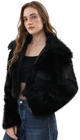 Amazhiyu Cappotto da Donna in Pelliccia Sintetica,Giacca Corta con Revers,Calda e Morbida Cappotti Invernali con Tasche Nero M