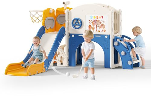 Tobogán Infantil 10 en 1 para Interiores y Exteriores con aro de Baloncesto, Campo de Golf, telescopio y Espacio de Almacenamiento, Patio de Juegos Independiente (Naranja Azul)