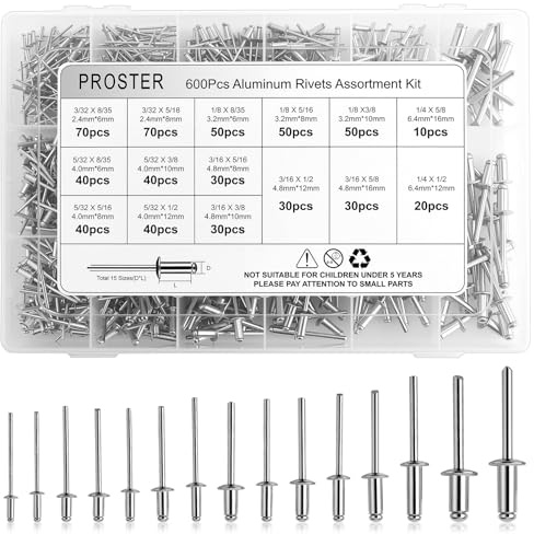 Proster Kit de Rivets Aveugles Aluminium 600PCS – Assortiment Professionnel 15 Tailles 2.4–6.4mm pour Carrosserie Auto Moto, Atelier Mécanique, Métal Bois Plastique – Boîte à Compartiments Renforcée