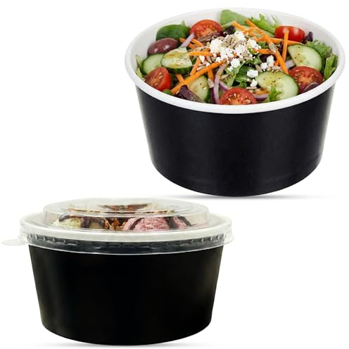 CHEF ROYALE 50x 750ml Black Salad Paper Bowls with Lids - Takeaway Bowls for Hot/Cold Food - Leakproof Soup Containers for Your Meals
