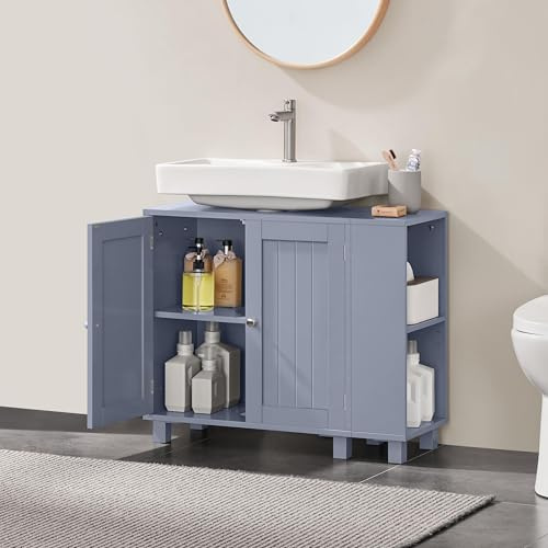 Yaheetech Under Sink Bathroom Cabinet, Bathroom Storage Cupboard Furniture with 2 Doors, Adjustable Shelves and Open Side Storage Unit Grey | Bathroom Storage Cupboard Furniture with 2 Doors, Adjustable Shelves, Grey