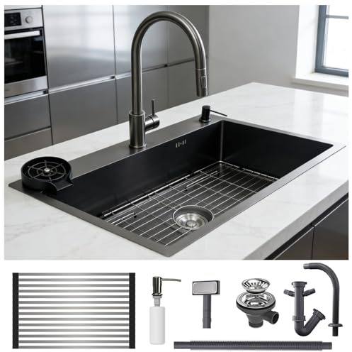 Fregadero de cocina de acero inoxidable de un seno grande y compacto, ideal para bares y autocaravanas, con desagüe, escurridor integrado, dispensador de jabón(negro,80x50)