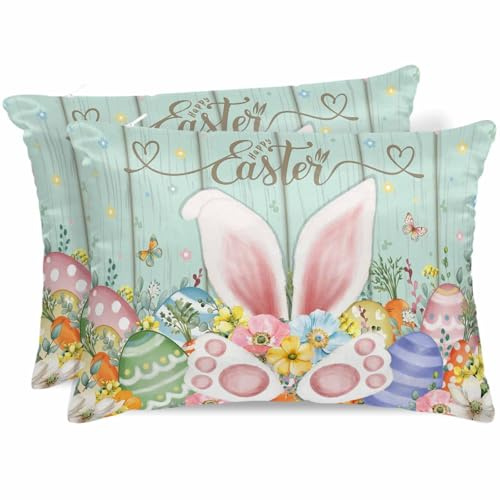 Easter Satin Pillowcase for Hair and Skin with Zipper, Soft Breathable Cooling Silk Pillow Cases, Spring Rabbit Ear Eggs Floral Green Wooden Grain Throw Pillow Covers Queen Size 20x30 Set of 2