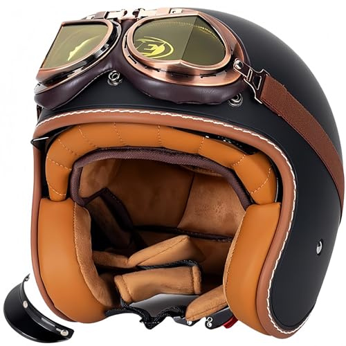 Casque Moto Vintage Casques Jet avec Visière Casques Bols Casque Mobylette pour Adultes Homme Et Femme avec Lunettes Homologué Dot/ECE Rétro Demi Casque Moto Vélo Scooter Chopper