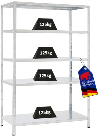 PROREGAL Schwerlastregal Ares mit Metallböden HxBxT 180x120x60cm 5 Ebenen Fachlast 125 kg Verzinkt, Metall, Metallregal, Küchenregal, Kellerregal, Steckregal, Garagenregal, Lagerregal