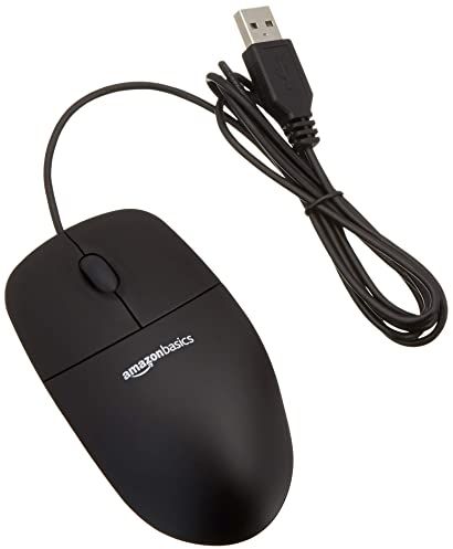 Amazon Basics Ratón óptico con USB y 3 Botones para Windows y Mac OS X, Negro