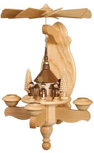 Volkskunstwerkstatt Unger Wandpyramide - Hängepyramide mit Seiffener Kirche inkl. 3 Teelichtaufstecker - Original Erzgebirge® #0800/T