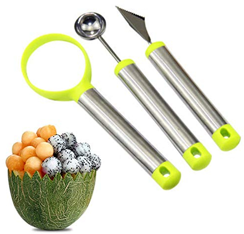 Xrten Set di coltelli da frutta in tre pezzi,Set di scavino per frutta，Acciaio inossidabile Coltello per melone/Coltello da intaglio