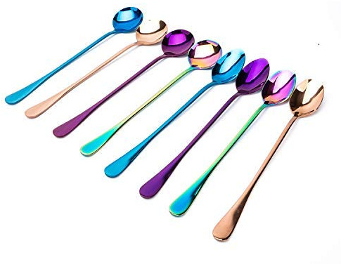 Choary Löffel mit langem Griff, bunt plattierter Edelstahl, hohe Eislöffel, Eisbecher, Cocktail-Rührlöffel, scharfer und runder Kopf, 8er-Set (lila/blau/regenbogen/rotgold)