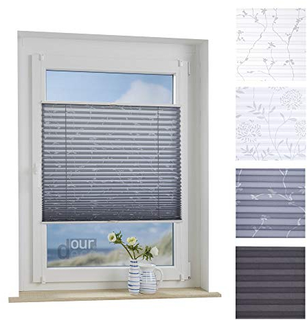 ourdeco® Plissee / 90 x 130 cm Grau, bedrucktes Blumenmotiv Ranke/lichtdurchlässig, Blickdicht/Farbe: Grau Ranke/Klemmen=Montage ohne Bohren=Smartfix=Klemmfix-Plissee=Easy-to-fix