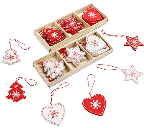 BELLE VOUS 24 STK Christbaumschmuck aus Holz - 6 Motive x 4 STK Baumschmuck Weiß Rot Herz, Baum, Stern Weihnachts Anhänger mit Box – Geschenke, Weihnachtsschmuck, Christbaumanhänger, Weihnachtsdeko