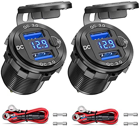[2 Stücke] QC 3.0 USB Steckdose KFZ 12V mit Schalter, 24V USB Einbau Buchse Adapter Auto Ladegerät Wasserdicht Zigarette Dose mit Blau LED Voltmeter Spannungsanzeige für Motorrad Boot LKW Wohnwagen