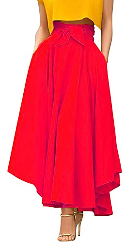 Womens High Waisted Tummy Control Elegant Flowy Long Skirt Solid Color A-line Swing Maxi Skirt(UK 16/Tag 2XL) Red