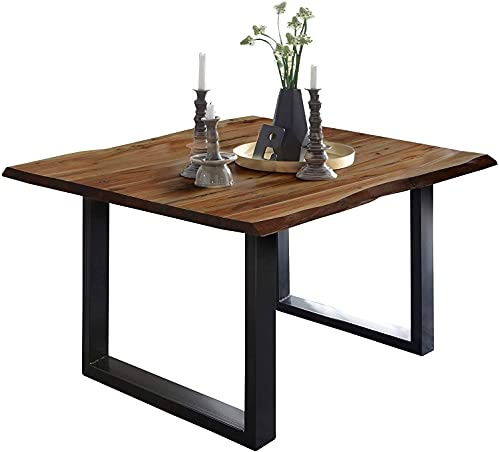 SAM Esstisch Mephisto 90x90 cm Akazie nussbaum U-Gestell schwarz | Baumkantentisch massiv, Akazienholz nussbaumfarben, 26 mm Tischplatte, Esszimmertisch, Holztisch