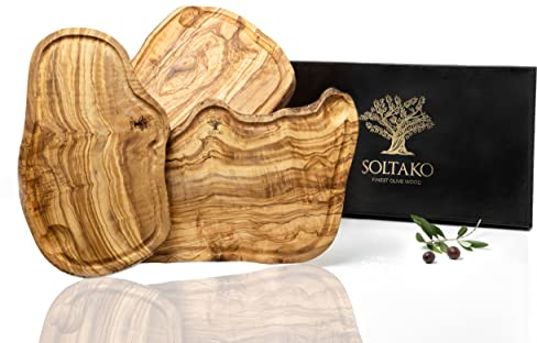 SOLTAKO 3er Geschenkset Schneidebrett Olivenholz mit Saftrille [35/40/45 cm] Côte d'Azur natur, Brett aus Oliven Holz, Steakbrett, Servierbrett