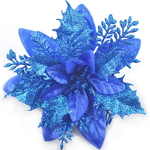 GL-Turelfies - Flores de Navidad con purpurina (15 cm) con 12 clips, flores artificiales de Pascua, adornos para árbol de Navidad, 12 unidades, color azul