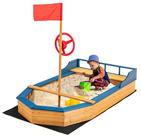 Costzon Bac à sable en bois pour enfants, bac à sable pirate en bois avec banc, espace de rangement, revêtement de sol, drapeau et gouvernail réalistes, ensemble de jeu d'extérieur pour enfants, pour
