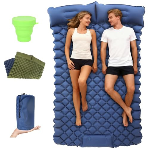 Mochacha Isomatte Camping, Ultraleicht Doppel Camping Matratze, Verdicktes Luftmatratze Camping mit Fußpumpe & Kissen für Outdoor, Wandern, Zelt, Autocamping, Grün ＆ Blau