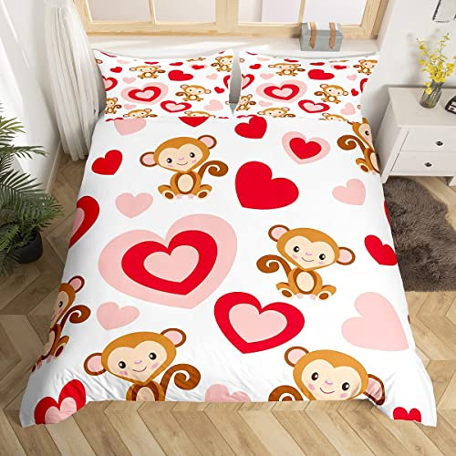 Homewish Set di biancheria da letto per letto singolo con motivo scimmia, con grazioso motivo a cuori e strisce, per bambini, ragazzi, ragazze, 2 pezzi, senza piumone
