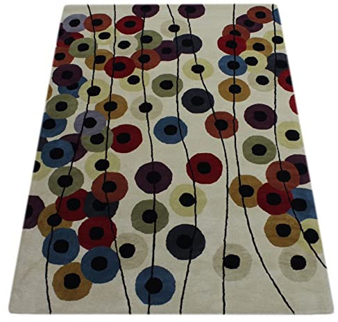 Bunt Wohnzimmer Teppich 100% Wolle Beige Orientteppich Handgewebt Getuftet CD1