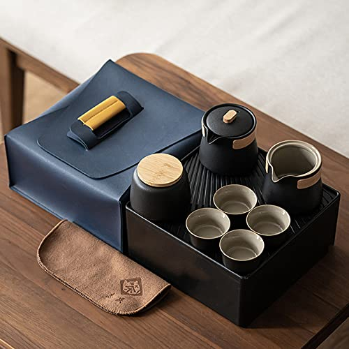 Japanese Tea Set, Chinese Portable Gongfu Tea Set with Teapot，4 Tea Cups，Tea Canister，Tea Tray，Fair Cup，Travel Bag Oriental Porcelain Tea Set