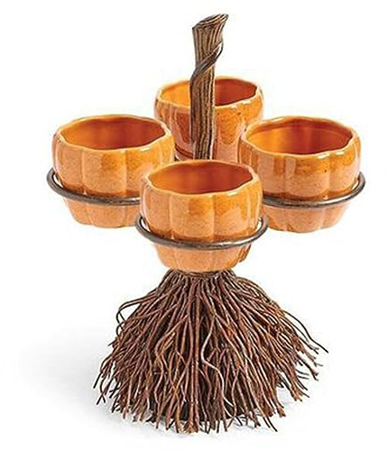 EBbels Halloween Pumpkin Snack Bowl Stand, 4 Bowls Creative Snack Basket with Broom, Halloween Pumpkin Bowls, Food Serving Stand for Wedding Halloween Party Supplies