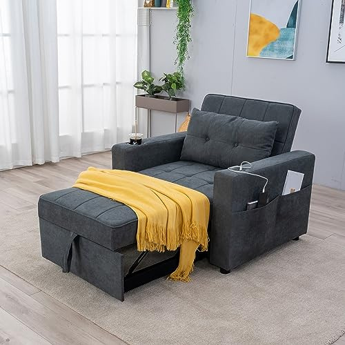 Panana Sofa Bed, 3 in 1 Single Armchair Recliner, Pull Out Sleeper with Drinks Cup Holder and Built-in USB Ports For Lving Room Bedroom Lounge (Gray Linen)