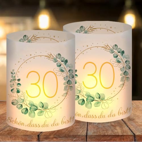 12 Windlicht Tischdeko 30 Geburtstag, Deko 30 Geburtstag Frau Mann, Happy Birthday Tischdeko 30. Geburtstags Frauen, Geeignet für Teelichter oder Kerzen mit Schön DASS Du Da Bist und Eukalyptus