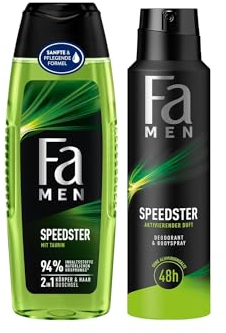 FA Duschgel Men Speedster mit Taurin (1x 250ml) 2in1 Formel für Körper & Haare & Deospray (1x 150 ml) mit erfrischendem Duft von Zitrus & Zitronengras 48h Deo-Schutz ohne Aluminiumsalze