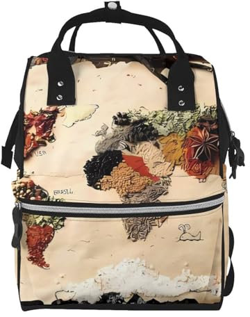 Wickeltasche mit Weltkarte aus Gewürzen, Mumien-Rucksack, große Kapazität, multifunktional, wasserdicht, Windeltasche für Mama und Papa, Schwarz , One size