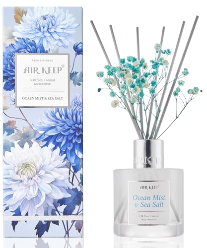 Airkeep Raumduft Ocean Mist & Sea Salt Duft, Reed Diffuser mit 8 Duftstäbchen, Lufterfrischer für Badezimmer, Wohnung, Heimdekoration, 100ml