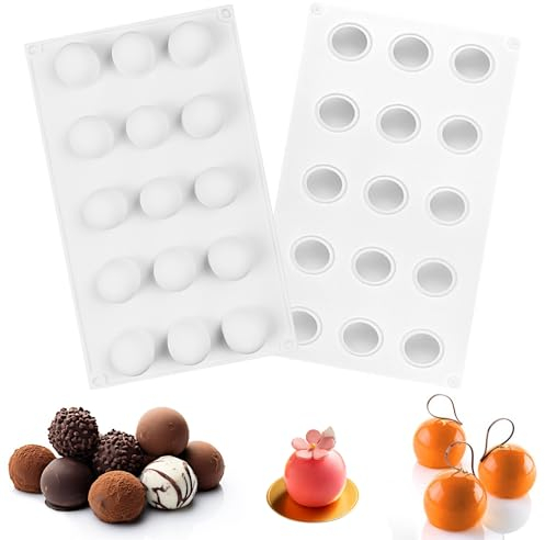2 Piezas Molde Bombones, 15 Cavidades Moldes Bombones, Reutilizable Moldes para Bombones, Molde Silicona Esfera, Moldes Silicona Semiesfera Adecuado para Hacer Tartas Mousse Pudines Muffins (Blanco)