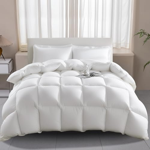 Wellos Luxury 100% Cotton Goose Feather Down Comforter Queen Size Duvet Insert - 1000TC Cotton 750+ Fill-Power All Season White Duvets + 8 Corner Tabs + Extra Fluffy 3D Baffle Box - Queen 90 X 90”